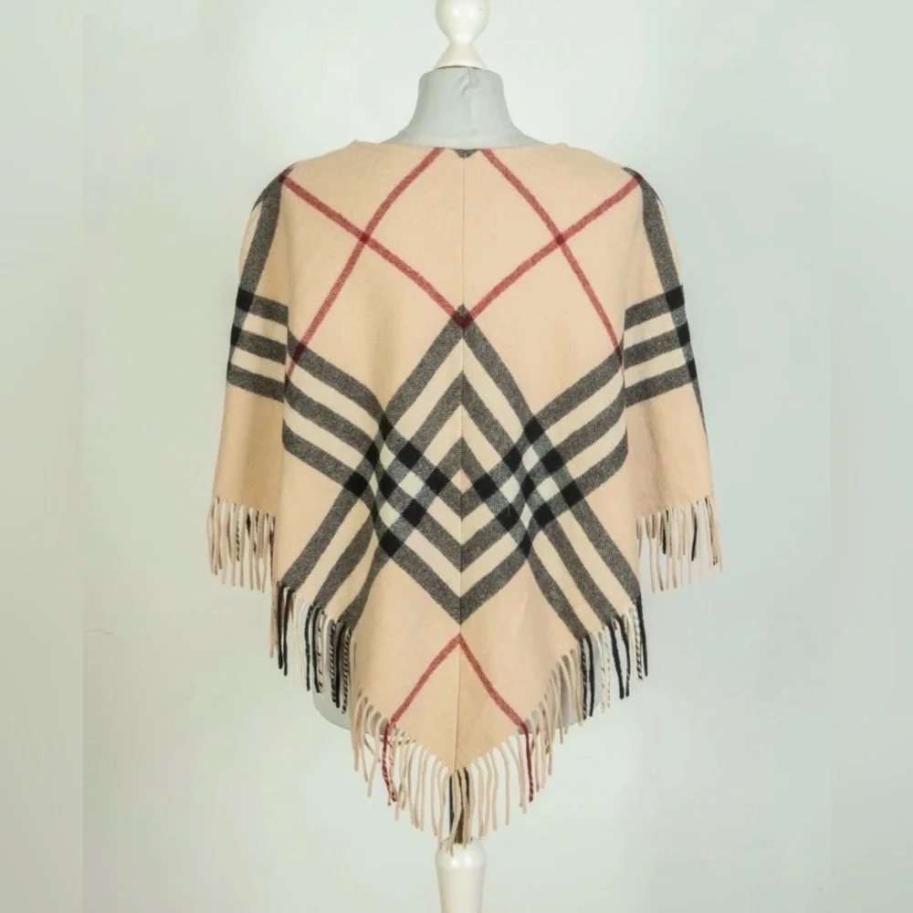 Burberry London Lamba Wool Nova Check Scarf Poncho Plaid Tan Black Red Fringe - Picture 4 of 8